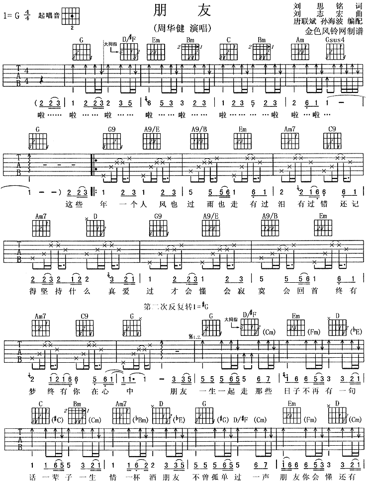 《朋友》简谱吉他谱对照