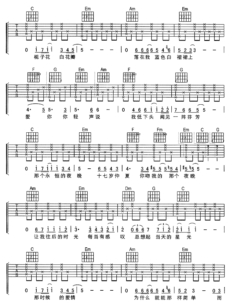 《后来》简谱吉他谱对照