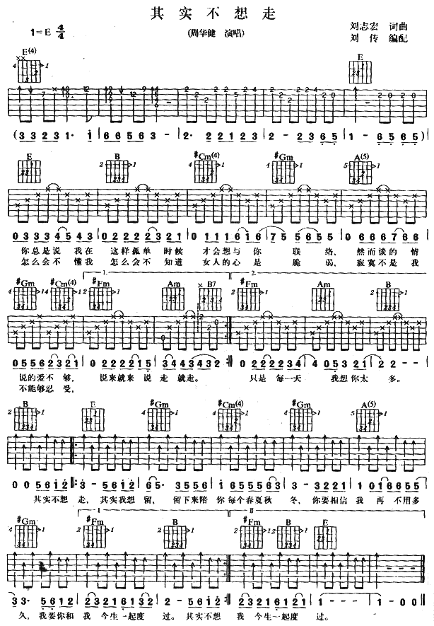 《其实不想走》简谱吉他谱对照