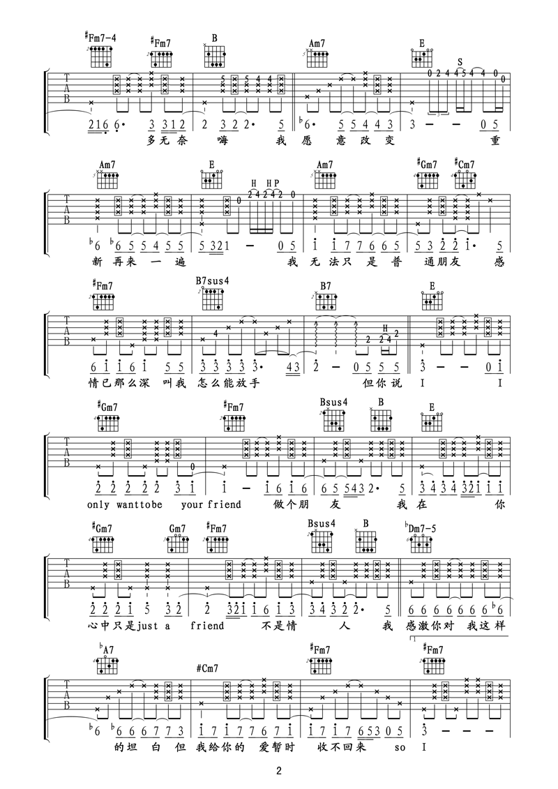 《普通朋友》简谱吉他谱对照