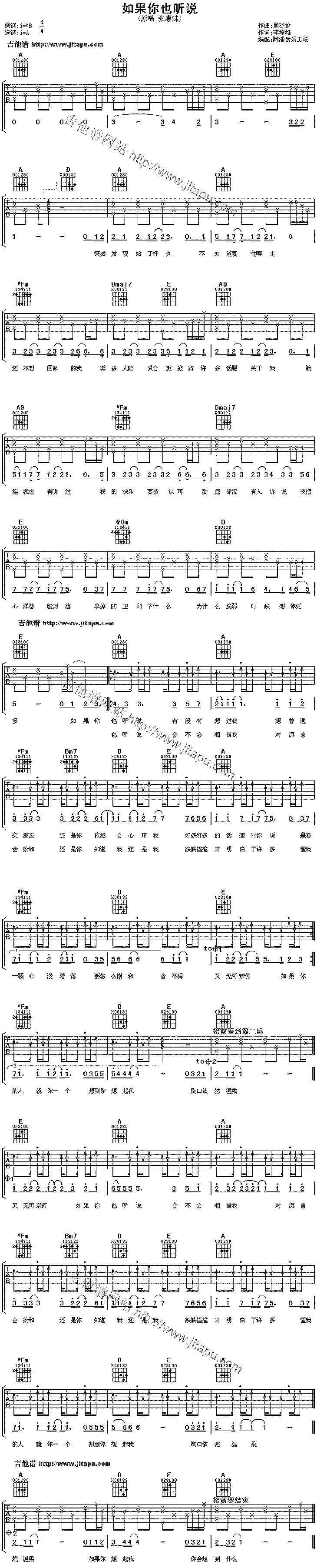 《如果你也听说》简谱吉他谱对照