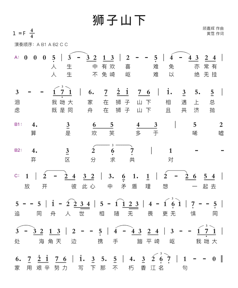 《狮子山下》简谱