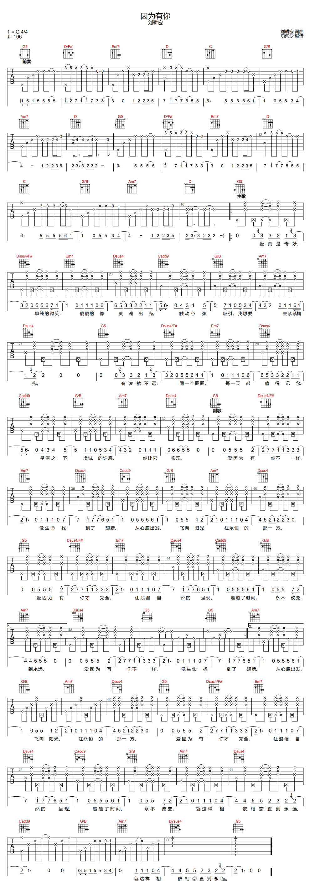 《因为有你》简谱吉他谱对照