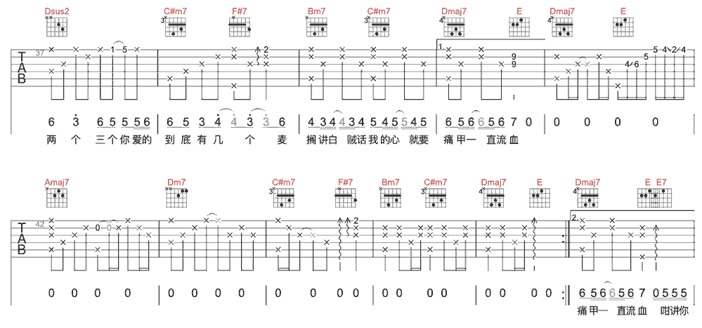 《你啊你啊》简谱吉他谱对照