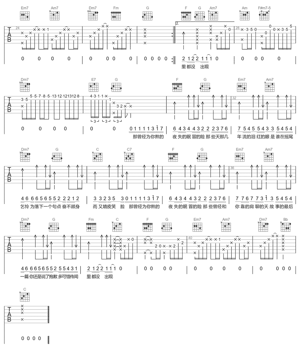 《未出现传闻》简谱吉他谱对照