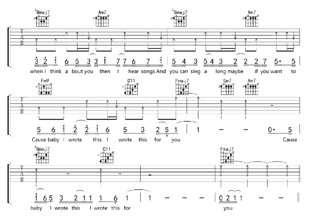 《为你写的歌》简谱吉他谱对照