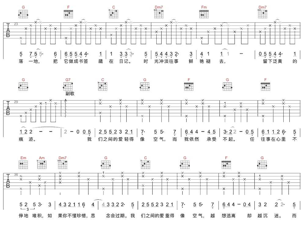 《爱如空气》简谱吉他谱对照