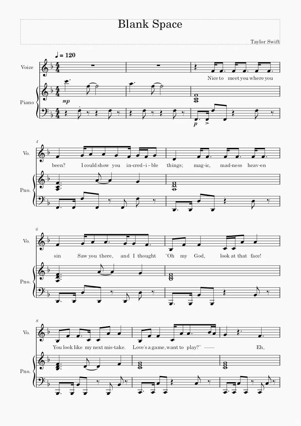 《Blank Space》五线谱