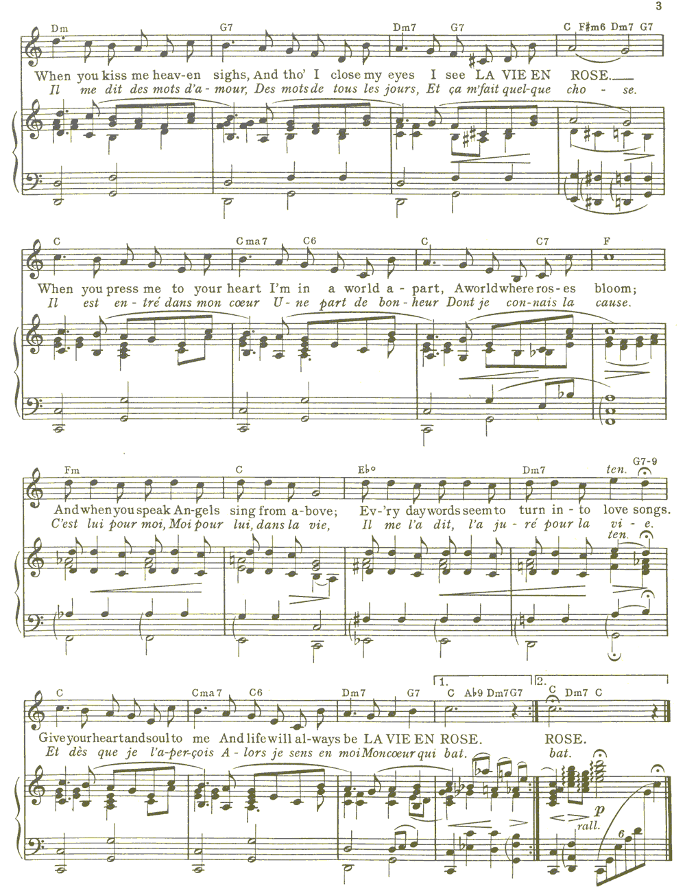 《玫瑰人生 La vie en rose》五线谱