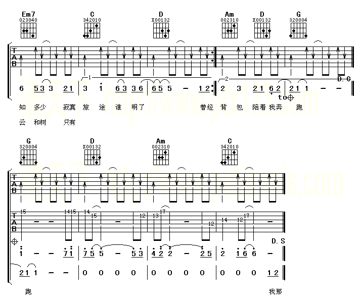 《背包》简谱吉他谱对照