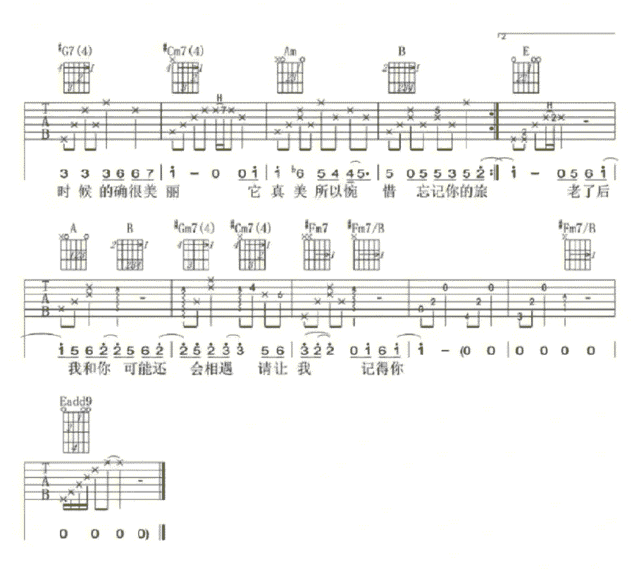 《旅行中忘记》简谱吉他谱对照