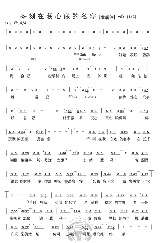 《刻在你心底的名字》简谱
