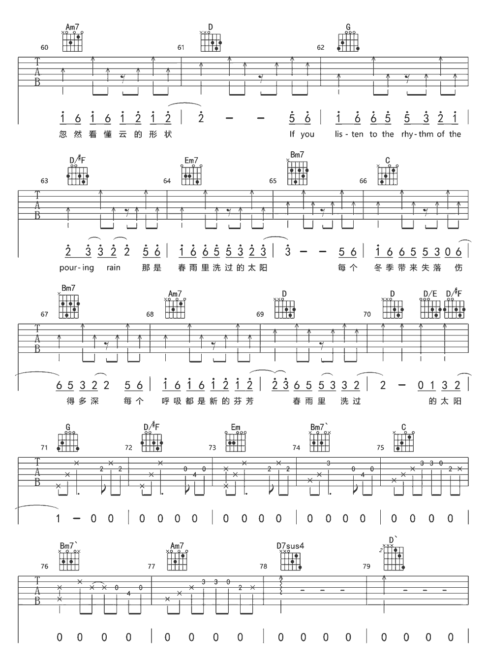 《春雨里洗过的太阳》简谱吉他谱对照