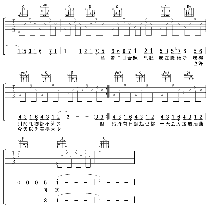 《眼红红》简谱吉他谱对照