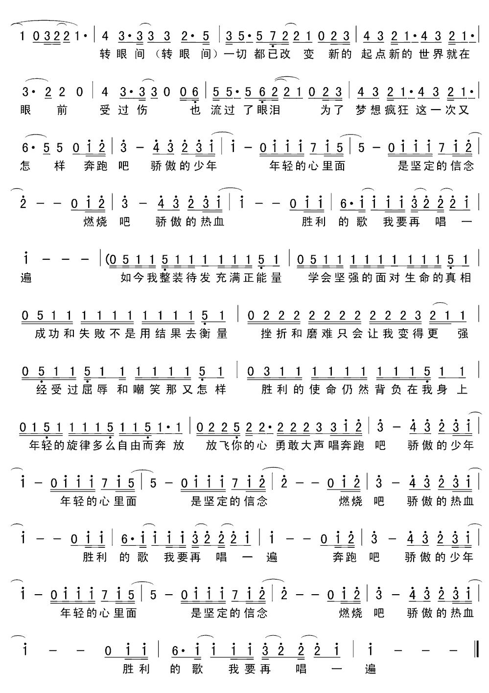 《骄傲的少年》简谱