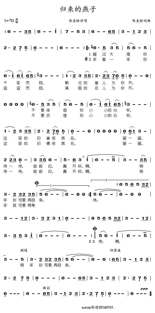 《归来的燕子》简谱