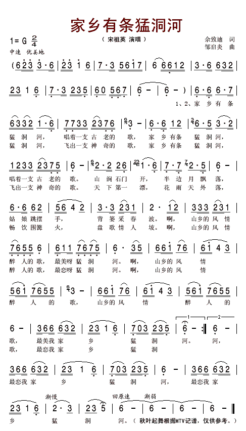 《家乡有条猛洞河》简谱