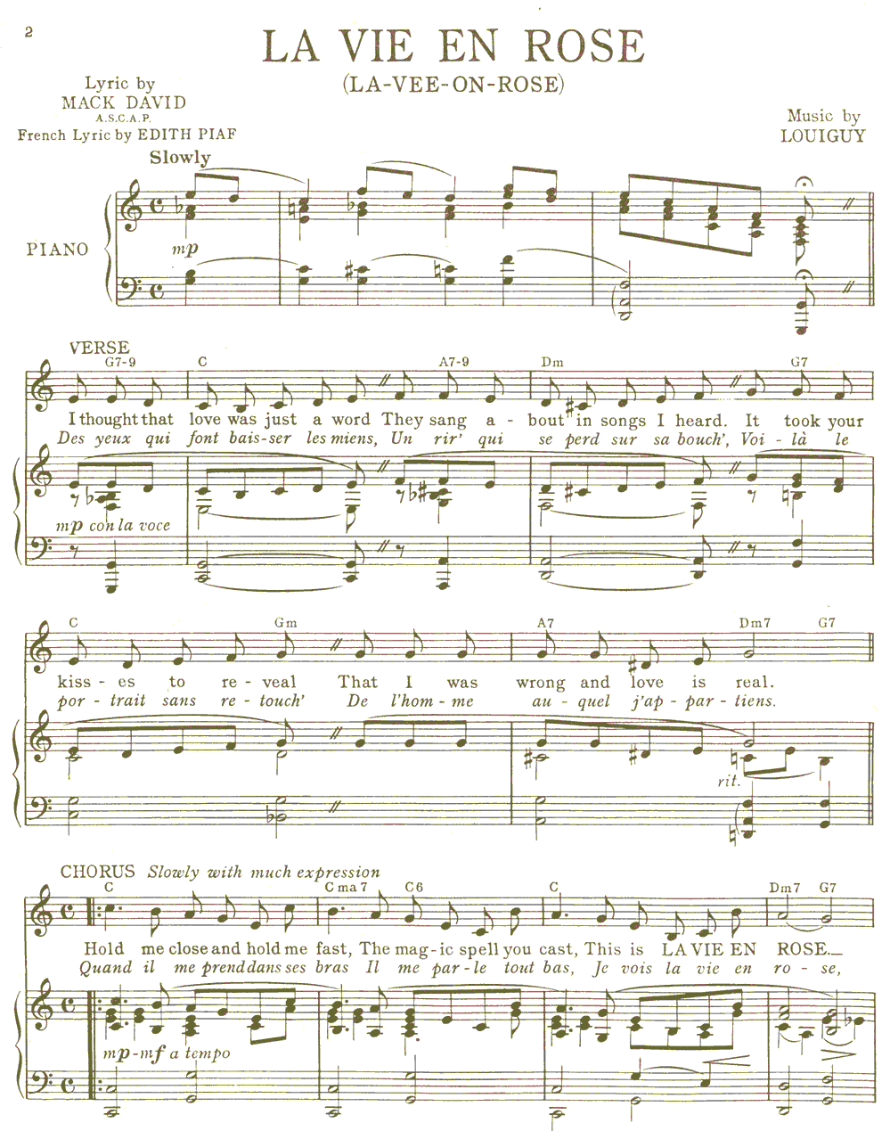 《玫瑰人生 La vie en rose》五线谱