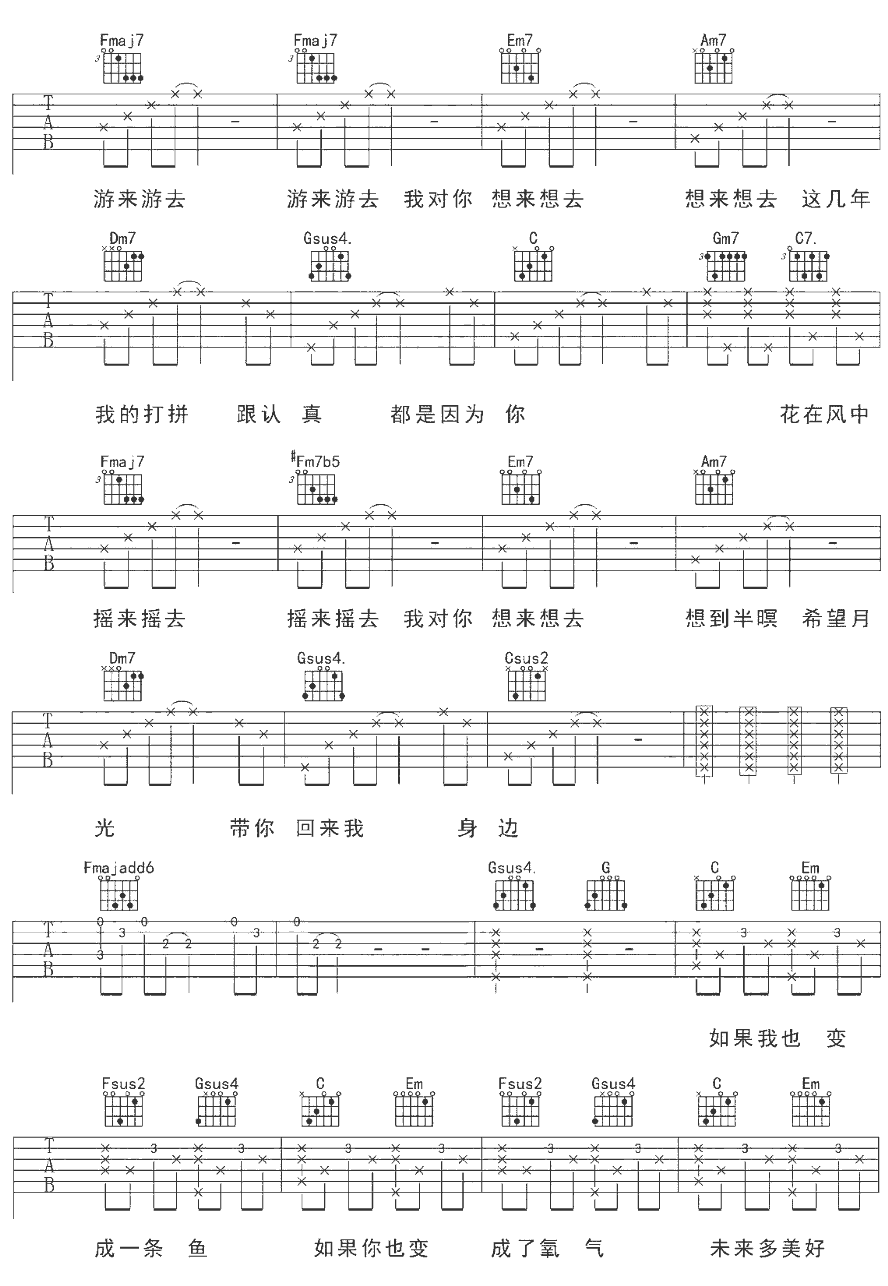 《鱼仔》简谱吉他谱对照