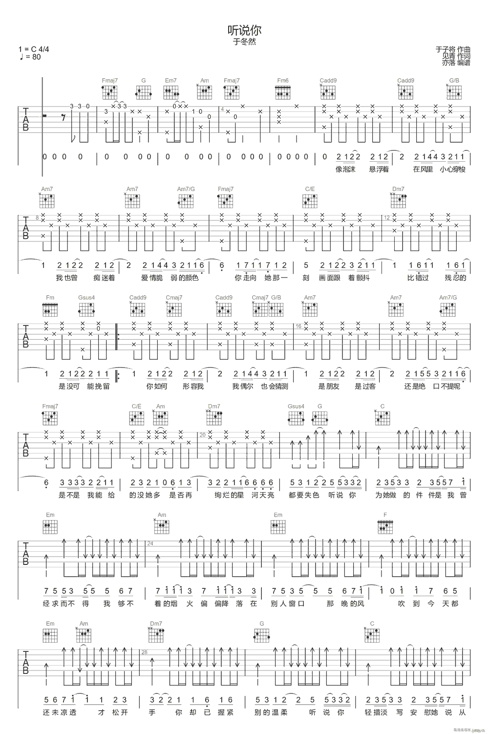《听说你》简谱吉他谱对照