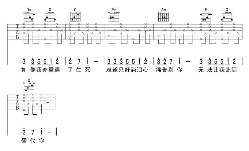《甘心替代你》简谱吉他谱对照