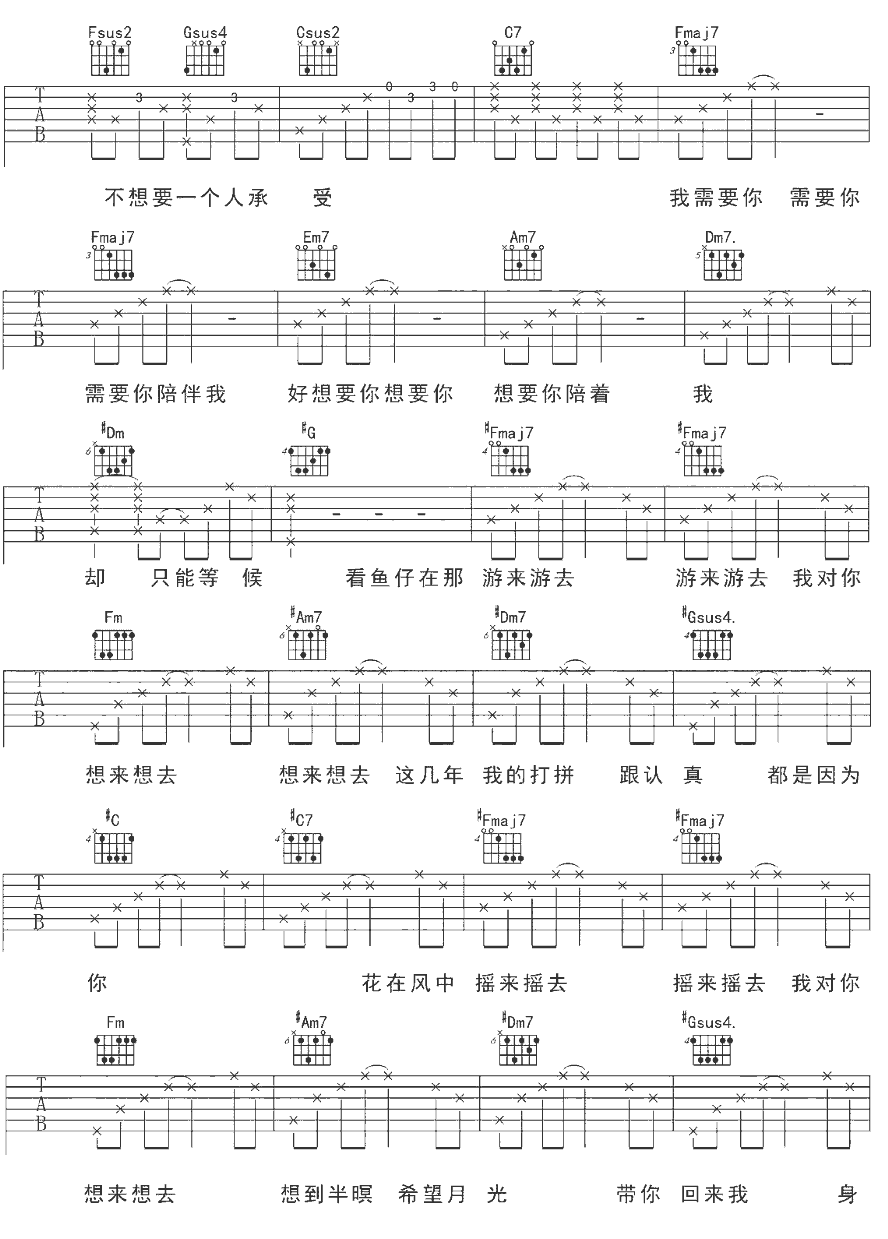 《鱼仔》简谱吉他谱对照