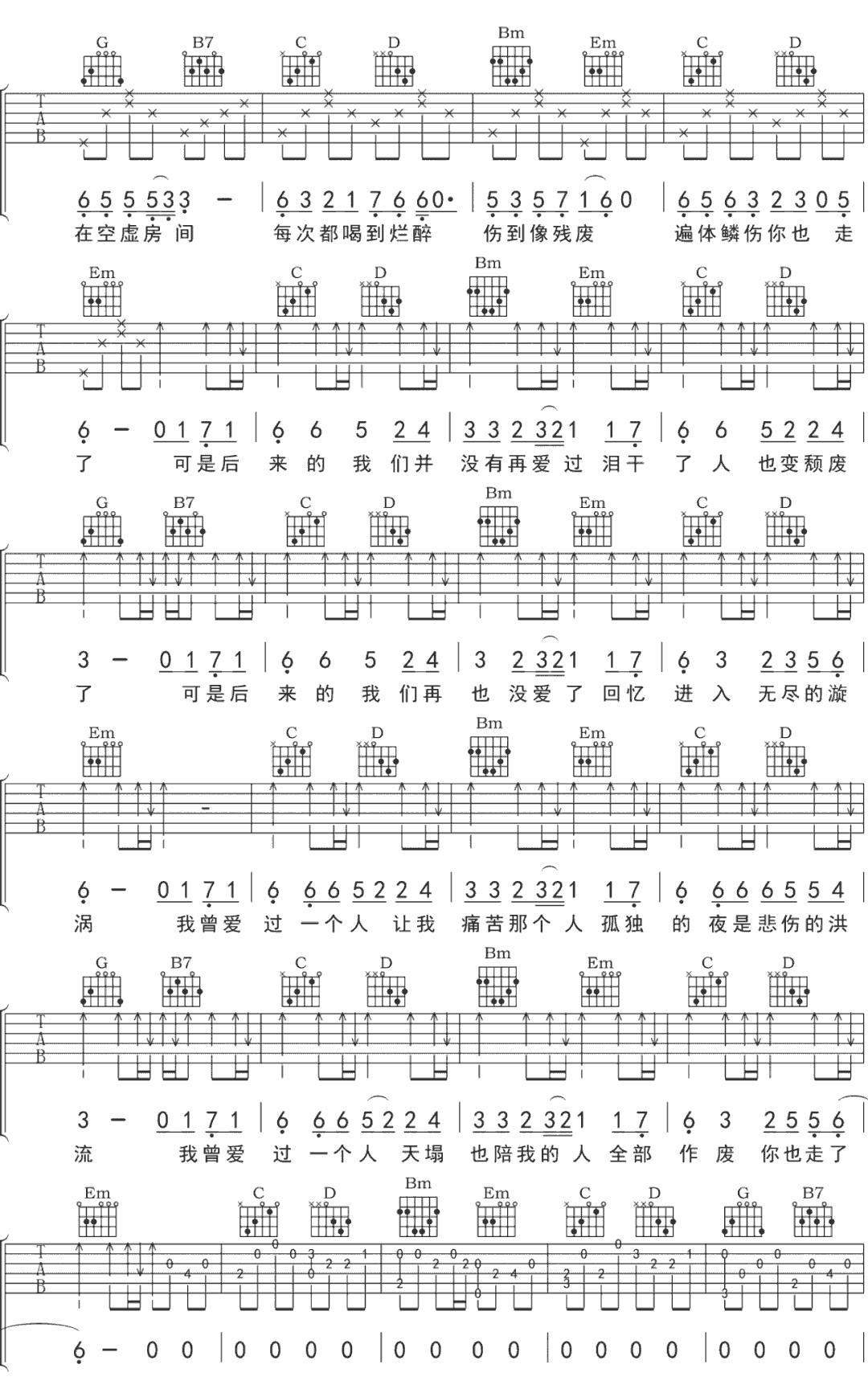 《我曾爱过一个人》简谱吉他谱对照