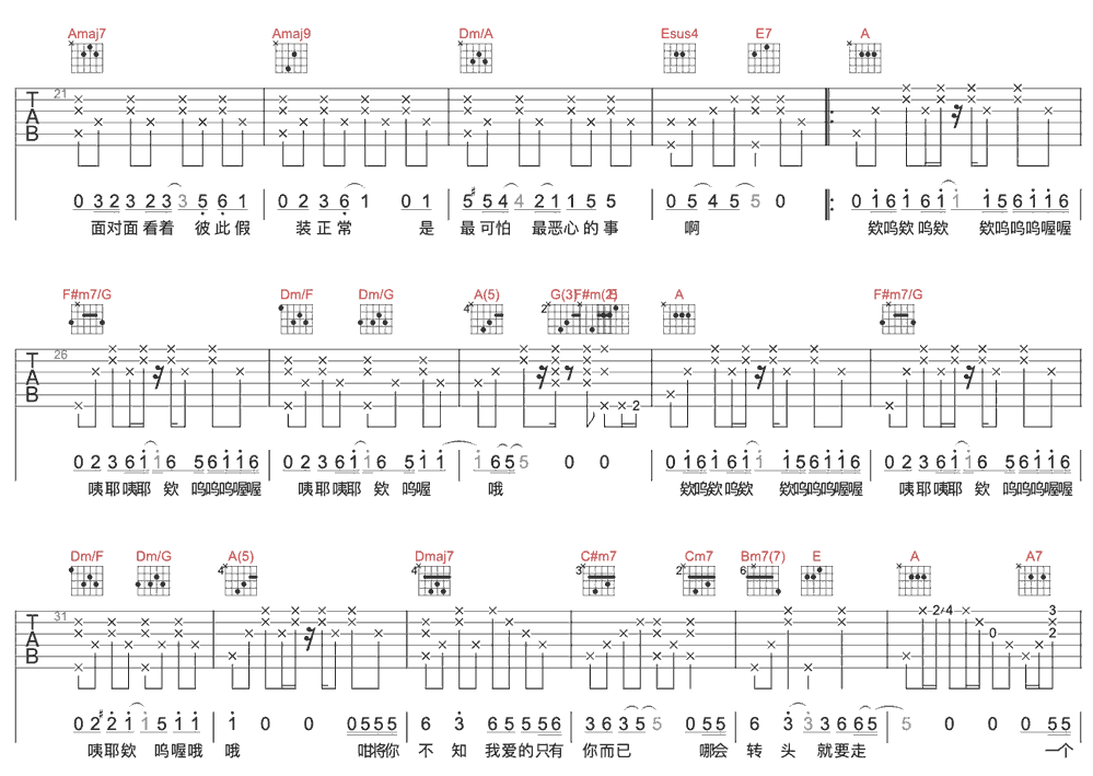 《你啊你啊》简谱吉他谱对照