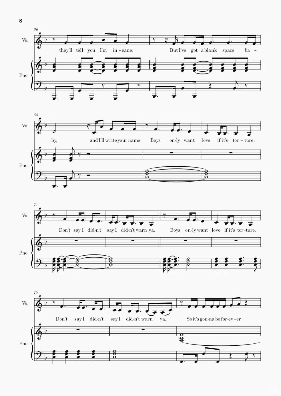 《Blank Space》五线谱