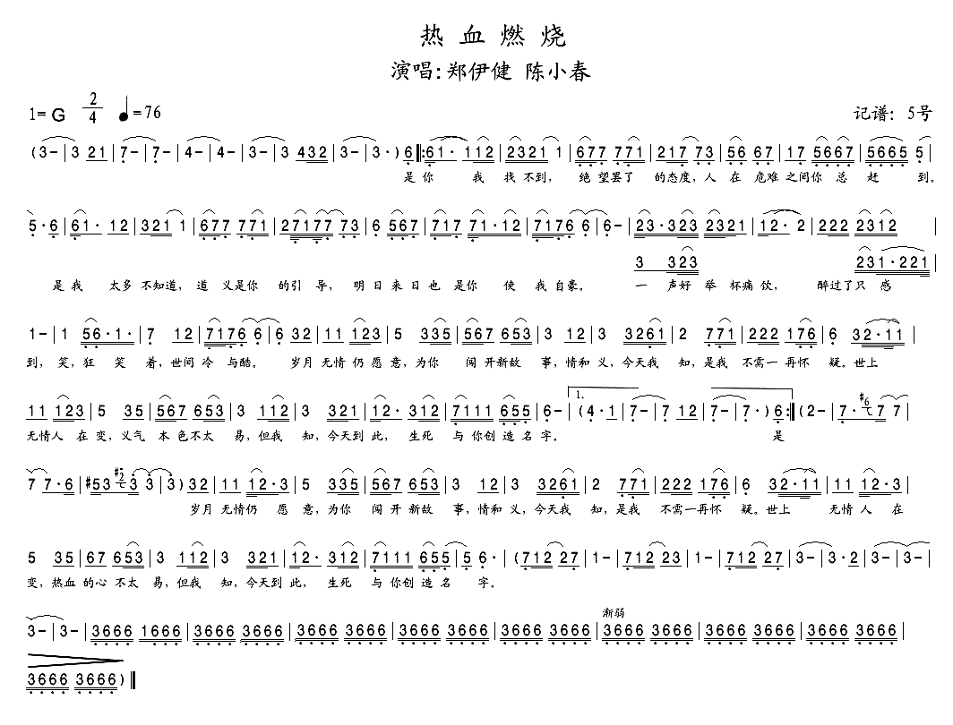 《热血燃烧》简谱