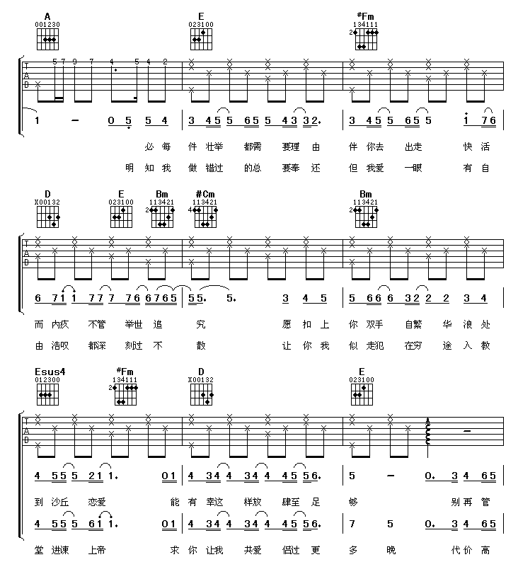 《离家出走》简谱吉他谱对照
