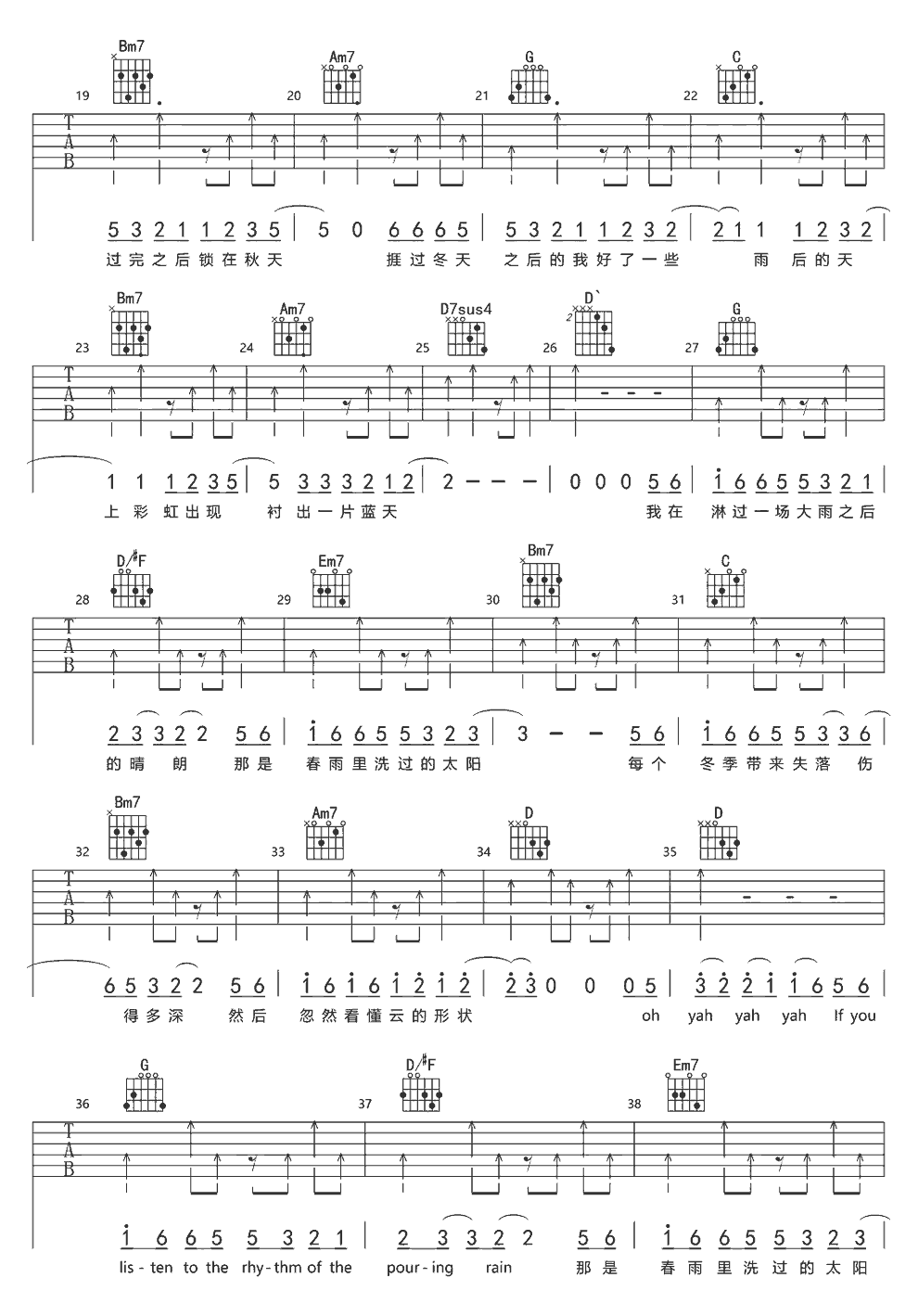 《春雨里洗过的太阳》简谱吉他谱对照