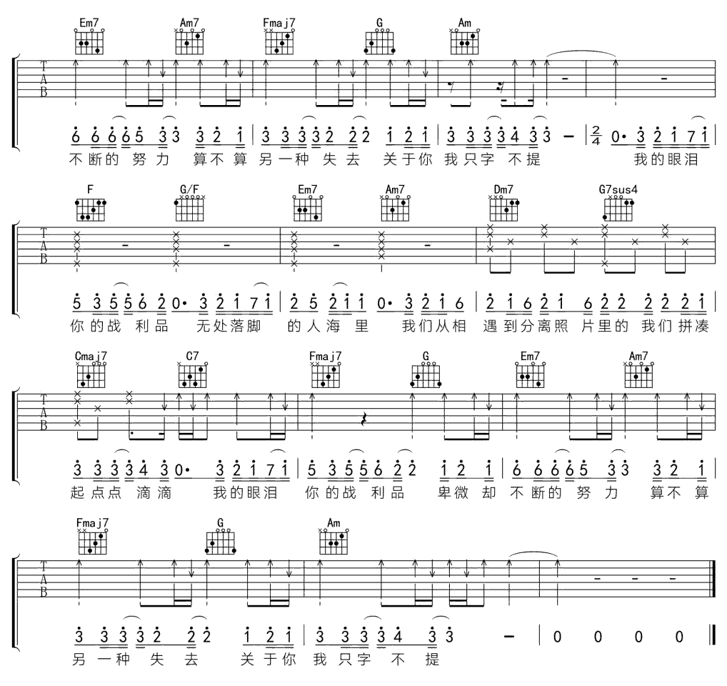 《我的眼泪你的战利品》简谱吉他谱对照