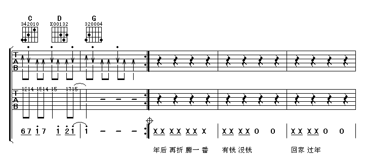 《有钱没钱回家过年》简谱吉他谱对照
