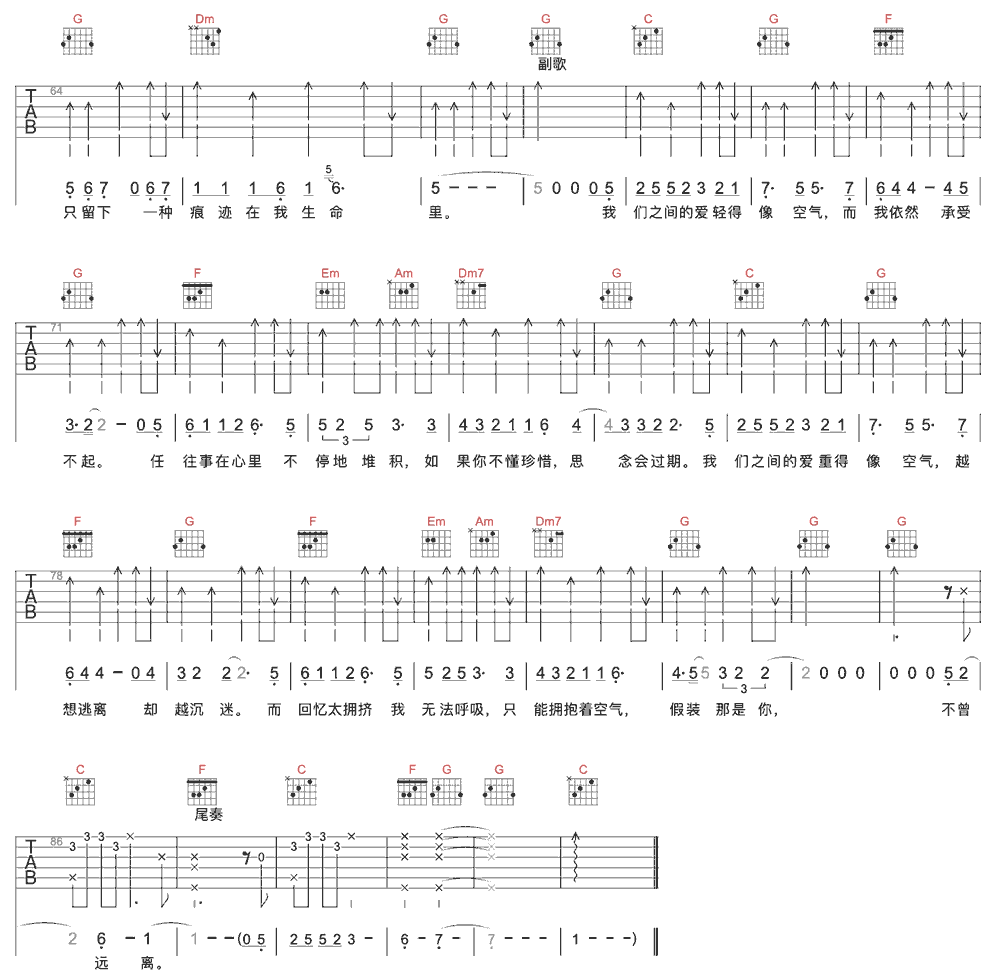 《爱如空气》简谱吉他谱对照