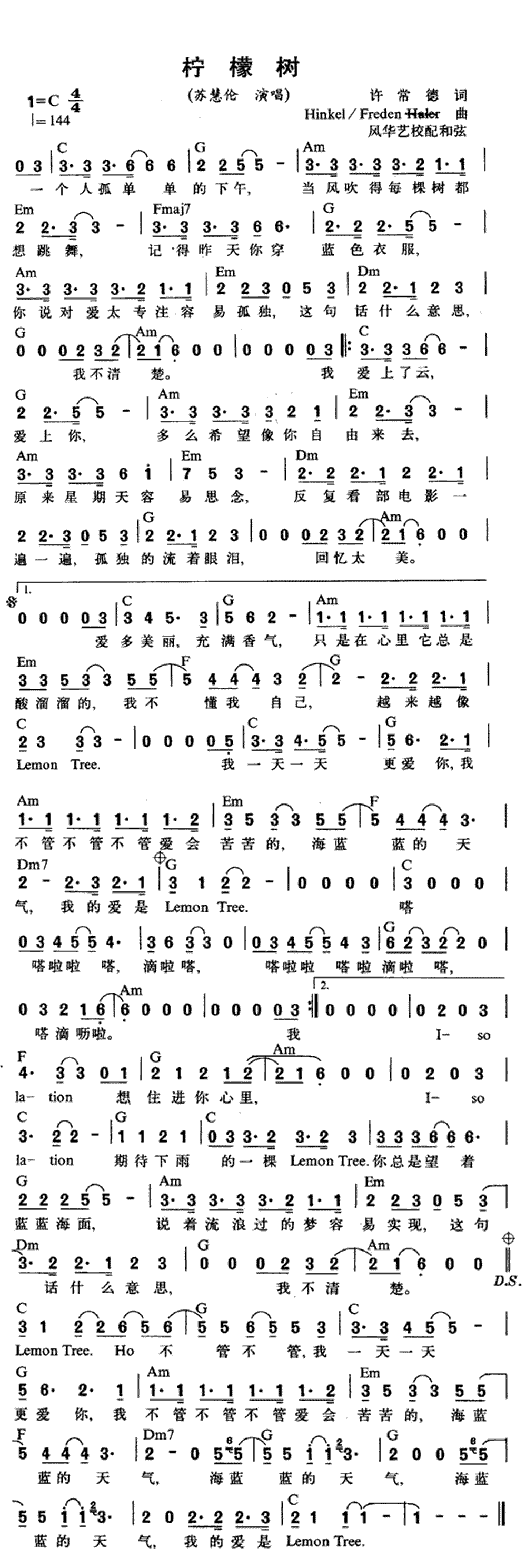 《Lemon Tree》简谱