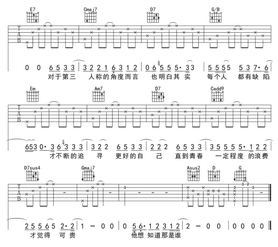 《第三人称》简谱吉他谱对照