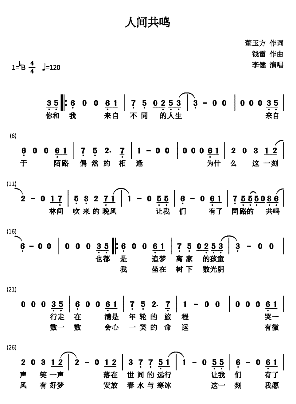 《人间共鸣》简谱