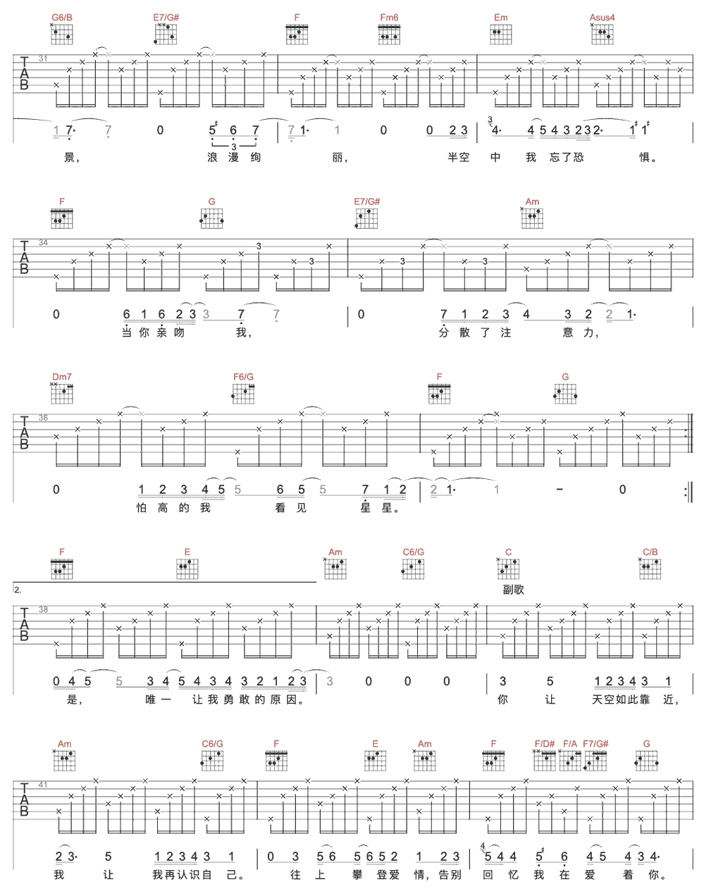 《惧高症》简谱吉他谱对照
