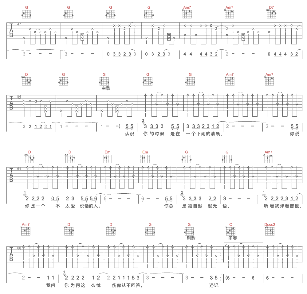 《每一个音符》简谱吉他谱对照
