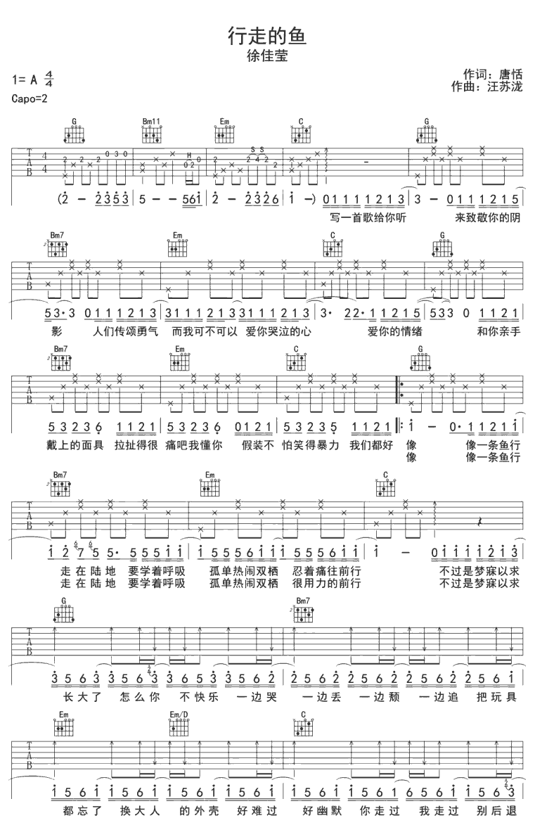 《行走的鱼》简谱吉他谱对照