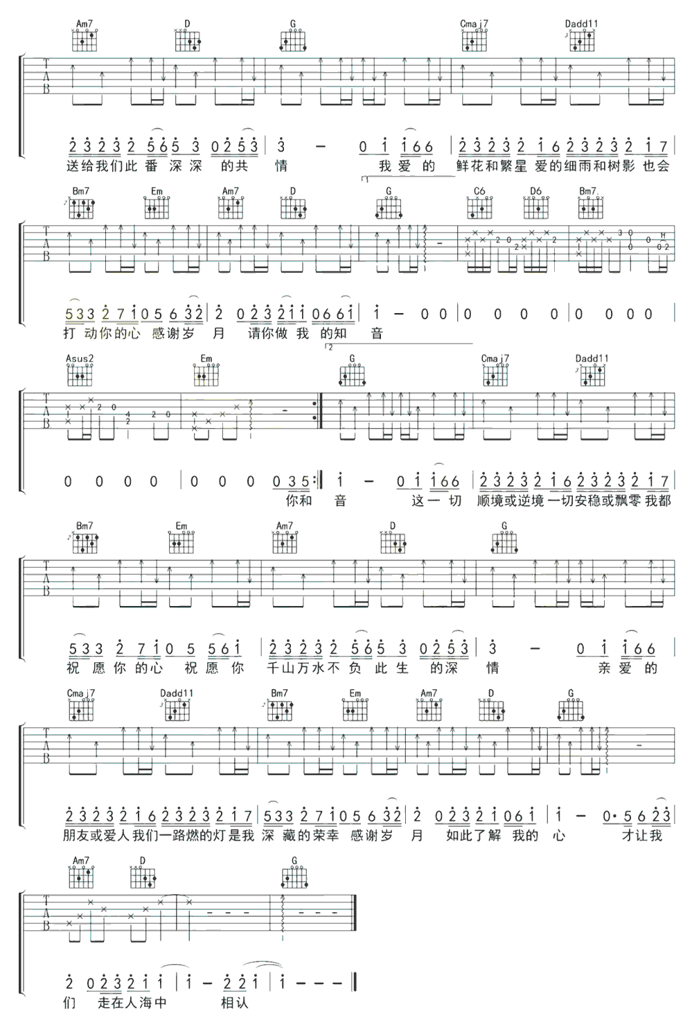 《人间共鸣》简谱吉他谱对照