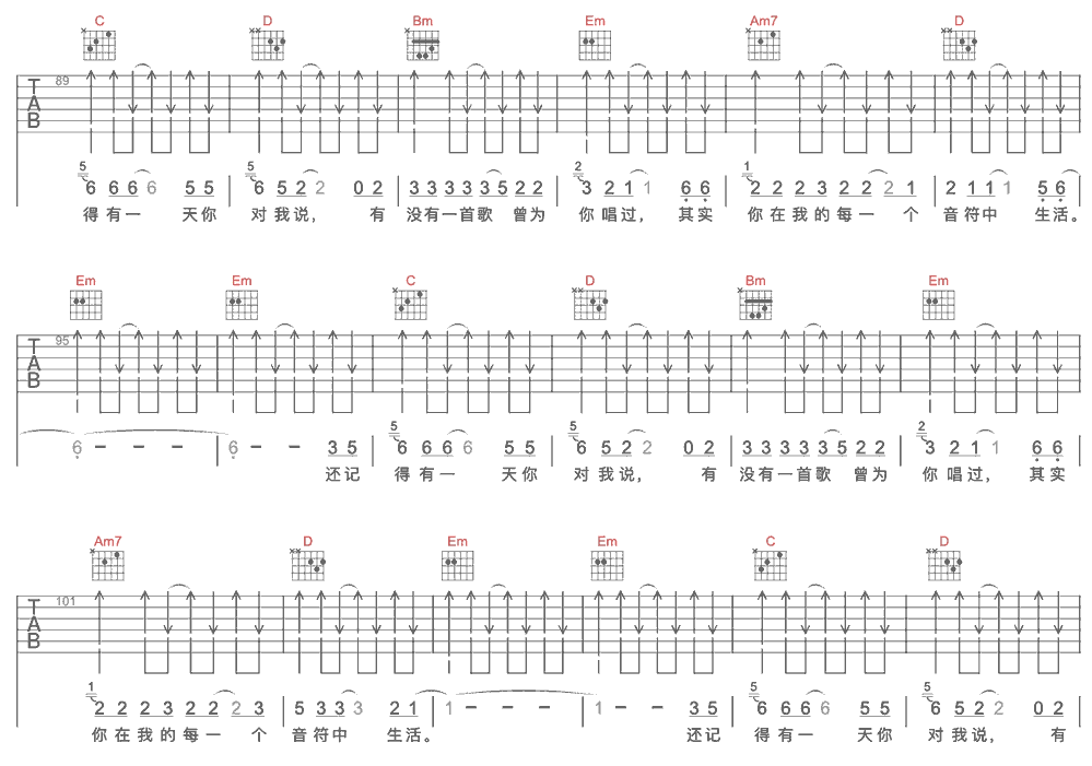 《每一个音符》简谱吉他谱对照