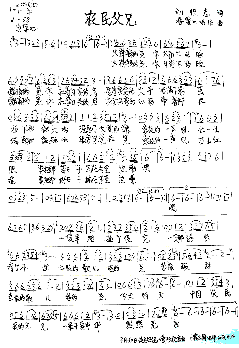 《农民父兄》简谱