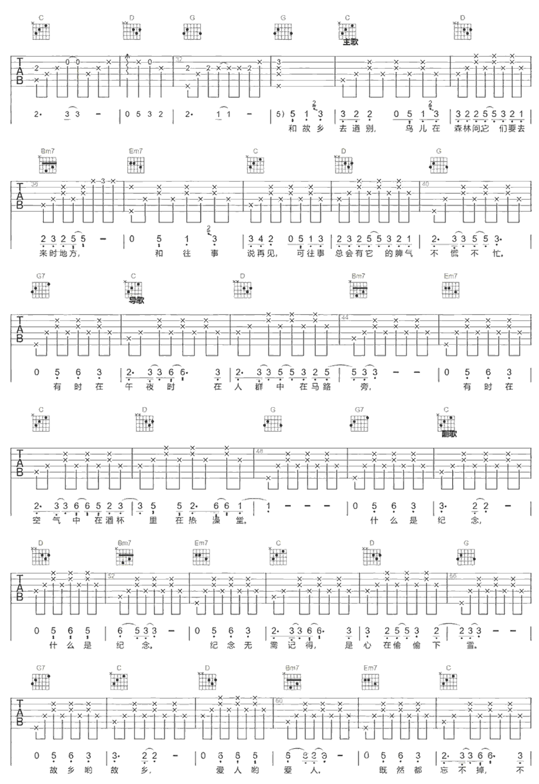 《道别是一件难事》简谱吉他谱对照