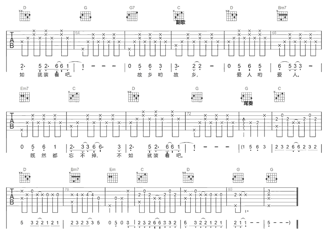 《道别是一件难事》简谱吉他谱对照