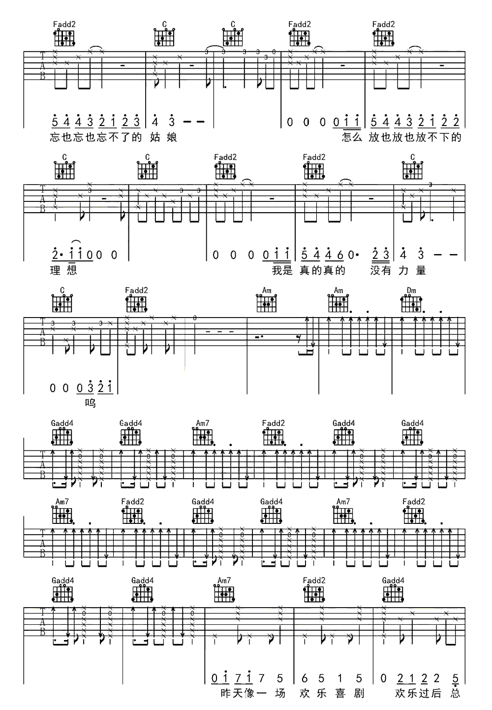 《喜剧》简谱吉他谱对照