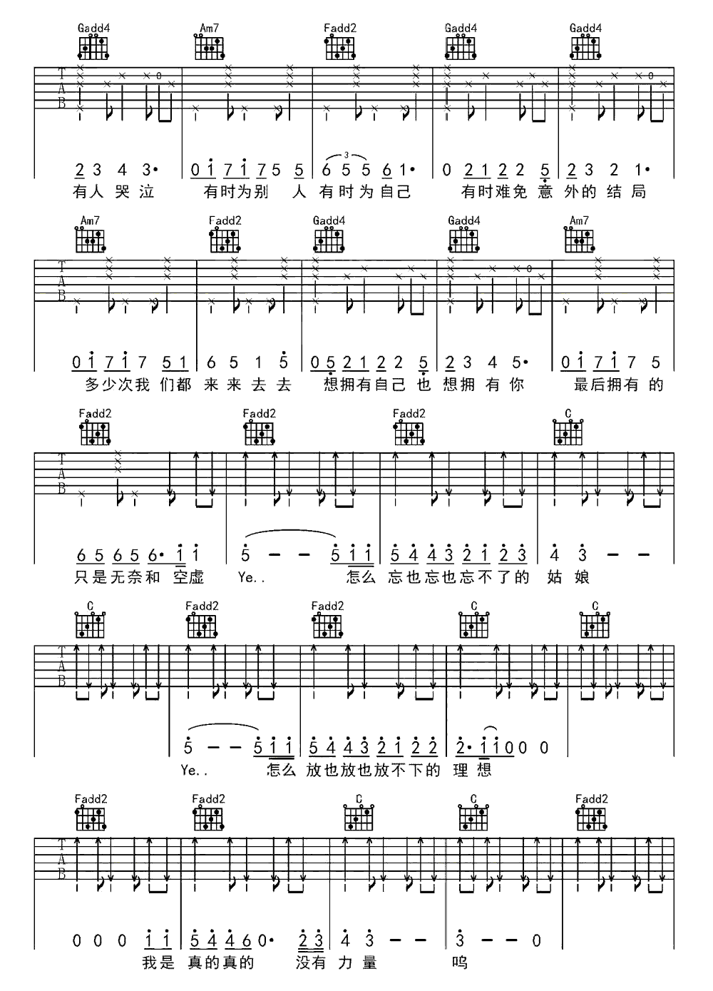 《喜剧》简谱吉他谱对照