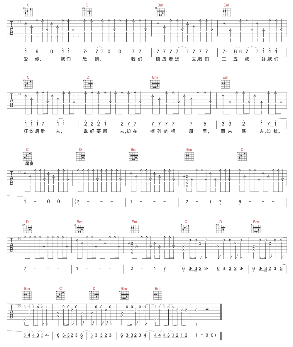 《如瓮》简谱吉他谱对照